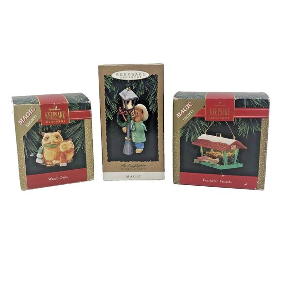 Hallmark Keepsake Magic Light Ornaments Feathered Friends Watch Owl Lamplighter - Picture 1 of 15